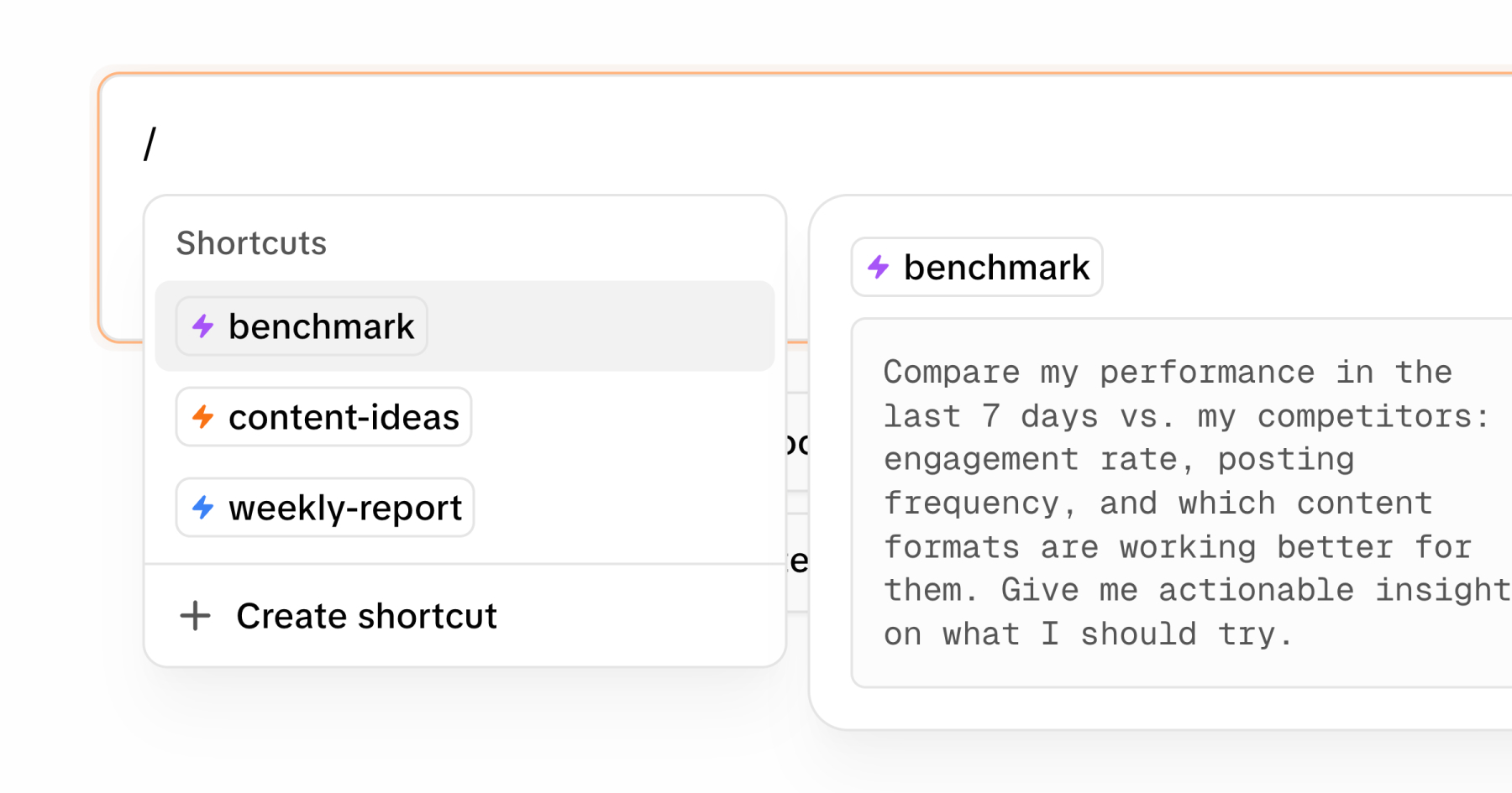 Command menu open in Endless showing saved shortcuts like benchmark, content-ideas and weekly-report, with the prompt expanded beside it.