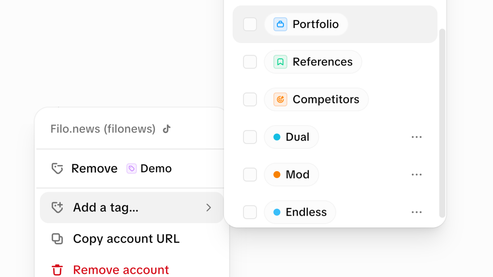 Endless's menu for tagging an account, with the tag panel open (Portfolio, References, Competitors, and custom tags) to group accounts by context.